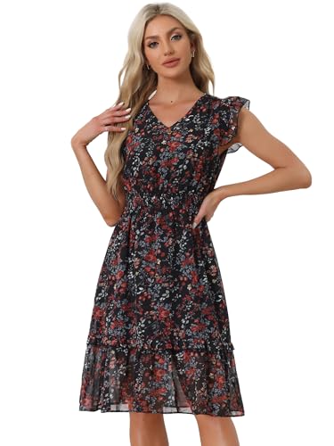 Allegra K Women's Summer Floral Dress Flutter Sleeve V Neck Ruffle Casual Beach Vacation Smocked Dresses