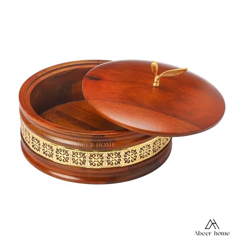 Image of Handcrafted Premium Wooden Roti Casserole, Roti Box, Chapati Box, Hotpot roti Box with Gold Leaf Knob with Lid (9x9x4 Inch)