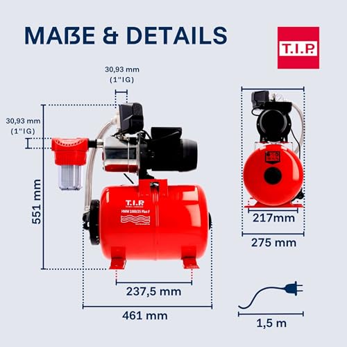 T.I.P. Hauswasserwerk Edelstahl mit Vorfilter (3.300l/h Fördermenge, 46m Förderhöhe, 4,6bar Druck, 800W, Installationsfertige Druckschaltung, 22l Stahl-Druckkessel, Manometer)HWW 1000/25 Plus F, 31144