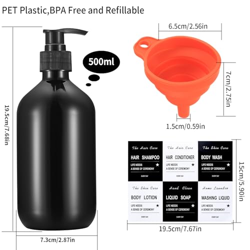 4 Stück Nachfüllbare Leere Shampooflaschen, 500 ml Seifenspender Flaschen, Kunststoff Pumpflaschen Lotionspender für Flüssigseife Shampoo Conditioner Duschgel, Aufkleber. (Schwarz)