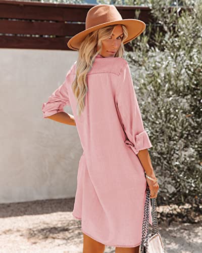 Image of Paintcolors Women's Long Sleeve Silk Denim Button Up Dresses Shirt Tunics Cover-ups Oversized Blouse Tops with Pockets