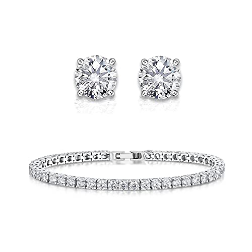 Shop LC White Cubic Zirconia Tennis Bracelet Solitaire Stud Earrings Set