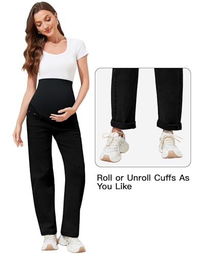 Image of PACBREEZE Women's Maternity Jeans Over Belly Barrel Loose Denim Jeans Pregnancy Pants (Black, XX-Large)