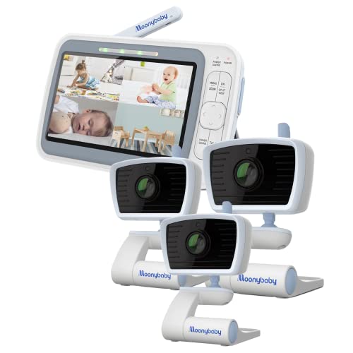 Moonybaby Emf Reduction Baby Monitor With 3 Cameras For 3 Rooms, Quadview 40, No Wifi, 5" 720P Hd Quad View Screen, 20 Days Stand-By Battery Life, Room Temperature Display #TOP5