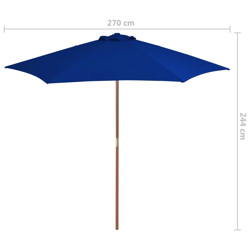 Ombrellone con palo in legno, 270 cm, blu, protezione UV, resistente alle intemperie, pieghevole, antivento, per balcone, terrazzo, esterno, ombreggiante, robusto, durevole, facile da usare