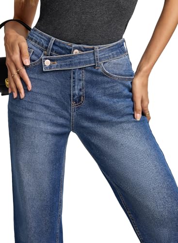 EVALESS Jeans for Women Trendy 2025 Overlap Waist Straight Wide Leg Stretchy Denim Pants3