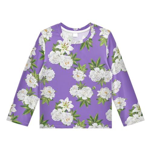 Peonies Floral Purple Boy's Rash Guard Swim Shirt Long Sleeve Sun Shirt for Kids Toddler UPF50+ 3T