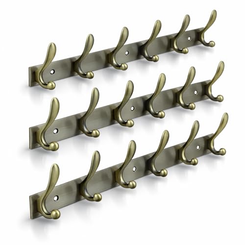 Image of Excellent t Stainless Steel 12Pin Bathroom Cloth Hanger Door Wall Robe Hooks Rail for Hanging Keys, Clothes, Towel (40 Cms) (6 Pin Antique, Pack of 3)