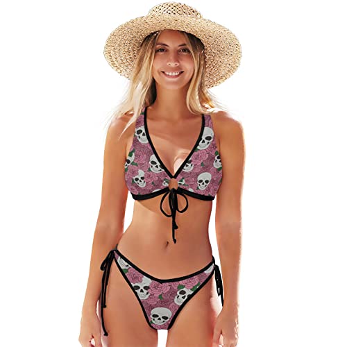 Bikini 2 pièces gothique chic à nouer motif crânes et roses idéal pour la plage