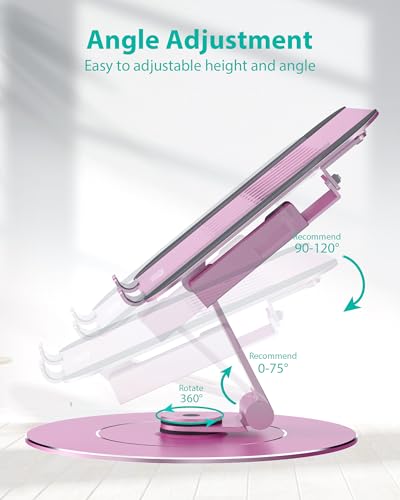 Image of NTMY 360 Rotating Laptop Stand with Phone Holder,Laptop Stand for Desk Adjustable Height Foldable,【Largest Base】 Aluminum Laptop Riser Fits MacBook, Dell, HP, Acer,Lenovo,(10-17.3'')-Pink