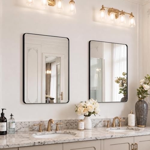 Image of 36 inchx30 inch Bathroom Vanity Mirror for Wall Aluminum Framed Farmhouse Rectangle | Anti-Rust, HD Reflection Anti-Desilvering, Distortion Free, Tempered and Shatter-Proof Wall Mounted Mirror, Black