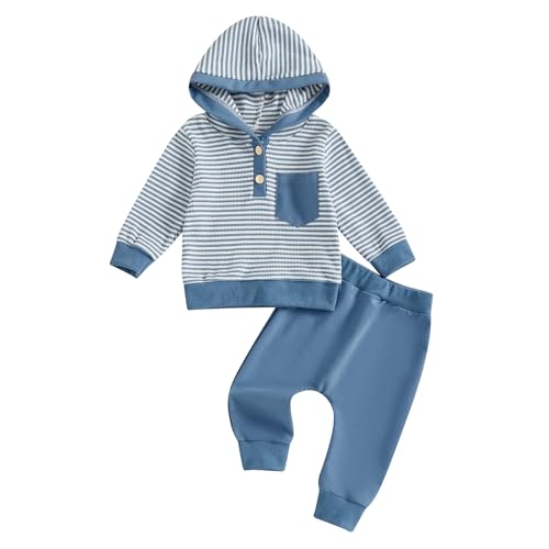 Toddler Baby Boy Fall Winter Clothes Striped Waffle Button Long Sleeve Hoodie Sweatshirt Top and Pants Set