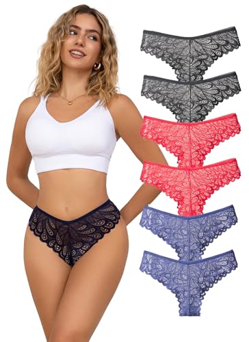Hialegion Brasileñas Mujeres Encaje,Lencería Transpirables y Sin Costuras para Mujer, Braga Culotte Talla Grande con Puntilla para Fémina Pack de 6 1XL