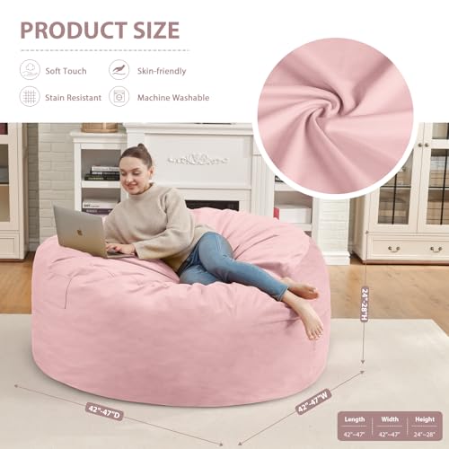 4FT Bean Bag Chair, Large Bean Bag Chairs with Memory Foam Filled, Fluffy Beanbag Sofa with Dutch Velvet Cover, Round BeanBag Chairs for Living Room, Playroom - Light Pink