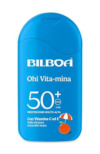Bilboa, Ohi Vita-Mina, Latte Solare SPF 50+, Crema Solare con Vitamina C, Vitamina E e Niacinamide, Ideale Contro Rughe e Macchie, Resistente all'Acqua, 200 ml