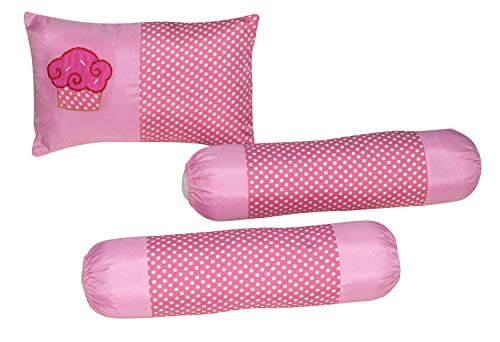 Oscar Home Head Pillow with 2 Bolster Side Pillows Set for Newborn Baby Kids, Cotton Blend, Standard Size, Pink Cupcake