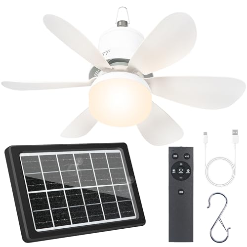 WVMNQO Portable Solar Ceiling Fan with Light & Remote, Dual Type-C/Solar Charging, 3CCT, 5 Brightness, 3 Speeds, 2/4/8H Timer, Tool-Free Setup, 30dB Quiet, Memory Function, 18.5' for Camping, Outdoor