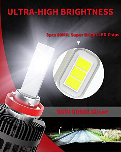 Lasfit H11 H8 H9 Led Bulbs, 600% Super Bright 90W 9000Lm 6000K Cool White, Halogen Upgrade Replacement, Adjustable Beam, Plug And Play, Pack Of 2, Ls Plus Series #TOP1