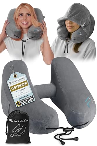 FLOWZOOM Air Nackenkissen Flugzeug in H-Design, Reisekissen für 5 Schlafpositionen, schnell aufblasbar & druckregulierbar, Nackenhörnchen mit...