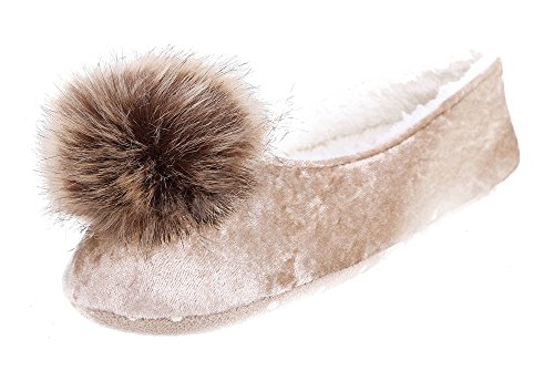 Arctic Paw Fleece Lined Faux Fur Pompoms Slippers, Khaki, 7-8
