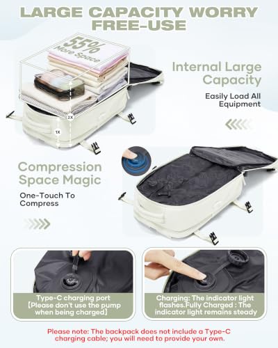 Image of suradar Vacuum Seal Travel Backpack Built-in Pump,Air Compression System Vacuum Vacpack Backpack Travel Bag for Women Men Carry On Suitcase Luggage Laptop Airlines Approved Space Saver Bags White