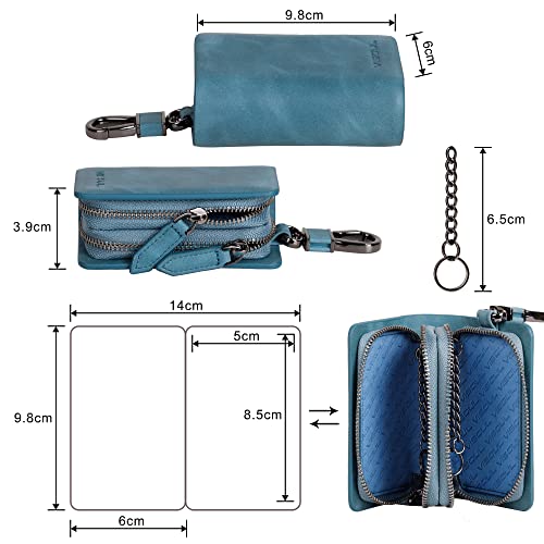 Visoul Leather Car Key Fob Case Holder For Men And Women, Double Zipper Key Case Bag With Keychain And Remote Metal Hook For Smart Key Fob And House Keys-Blue #TOP3
