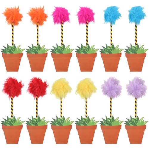 Sayglossy 24 Pcs Fluffy Fuzzy Pens and Flower Pot Notebooks, Colorful Pompom Pens Novelty Cute Notepad Gift Set for Birthday Party Favors Office Supplies