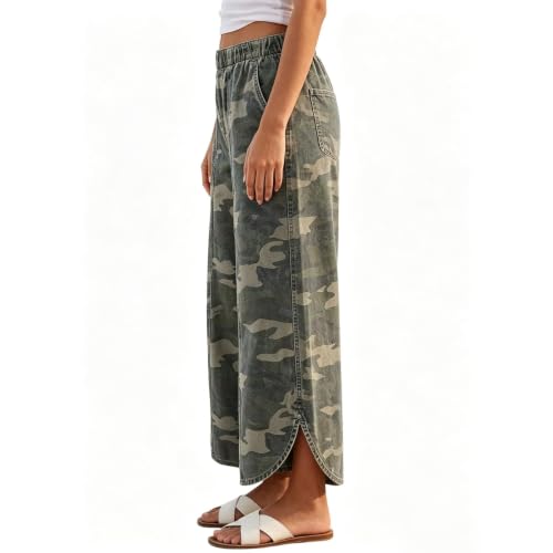 Women's Olive Camo Wide Leg Jeans, Elastic Waist Tulip Hem - image 2