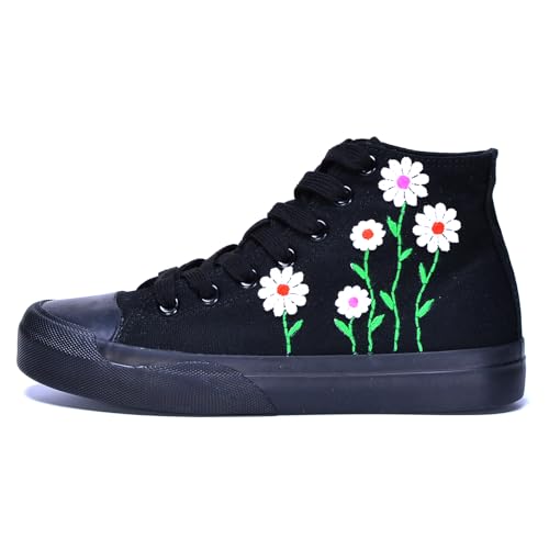 Women High-Top Fashion Sneakers with Floral Embroidery Birthday Gift Wedding Shoes for Bride White Canvas Tennis Walking Shoes