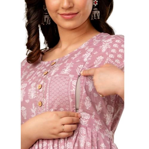 Image of Maternity Feeding Kurtis for Women Cotton - Zip Access Nursing Dress | Comfortable Pregnancy Wear | Stylish Feeding Kurti | Soft Cotton Maternity Dresses for Womens