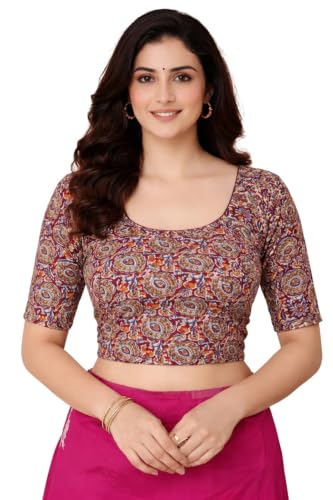 Image of Amazon Brand - Anarva Women's Kalamkari Print Cotton Stretchable Round Neck Readymade Saree Blouse