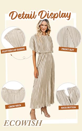 Image of ECOWISH Women Maxi Dresses Cocktail Party Wedding Guest Formal Pleated Long Dress Short Sleeve Slit Empire Waist Evening Gown