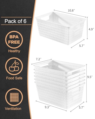 Image of EOENVIVS Plastic Storage Baskets For Organizing, 6 Pack Organization and Storage Containers, Storage Baskets for Shelves Drawers Desktop Closet Playroom Classroom Office, White