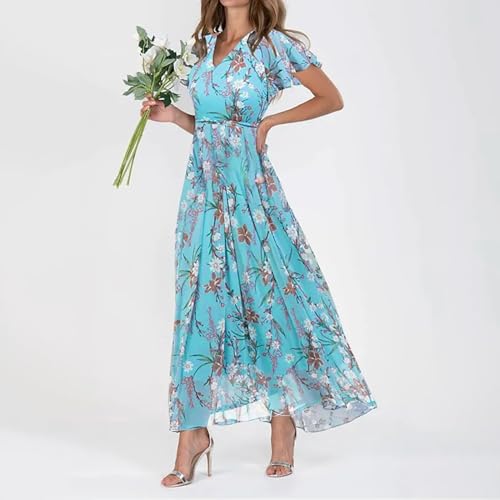 Robe longue mousseline florale manches courtes à volants fluides - 3