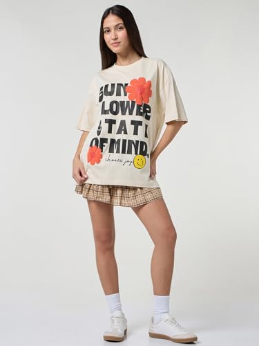Image of Bewakoof Women's Being Cute is My Super Power Graphic Print 100% Cotton T-Shirt- Oversized Fit, Round Neck, Half Sleeve