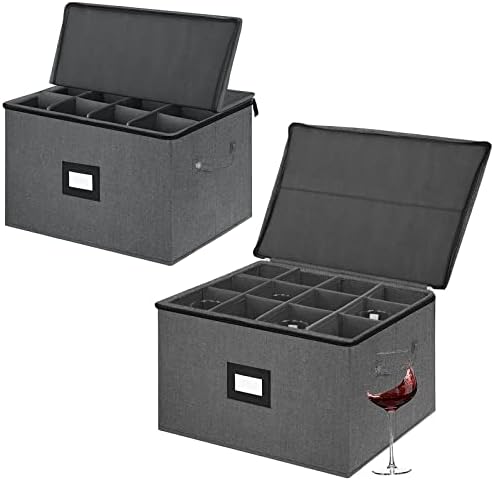 Wine glass Storage Box with Divider - China Storage Containers Hard Shell Stemware Storage Cases with Lids Holds 12 Wine Glass or Crystal Glassware Storage Containers, Stackable with Label Window (Dark Grey)