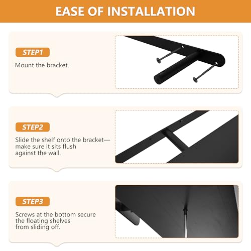 Image of ROGMARS 36 Inches Long Black Floating Shelves | Rustic Solid Wood Farmhouse Wall Shelves with Invisible Brackets for Bathroom, Living Room, Bedroom, Kitchen Set of 2