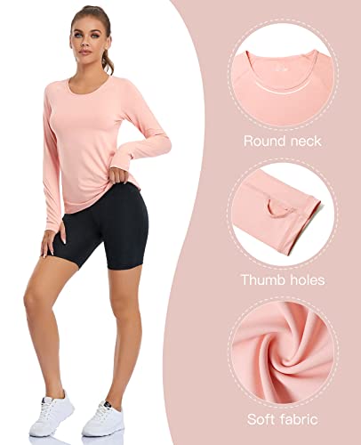 Vutru Women's Long Sleeves Workout T Shirt Breathable Sports Running Yoga Tops Thumb Holes Pink #TOP3