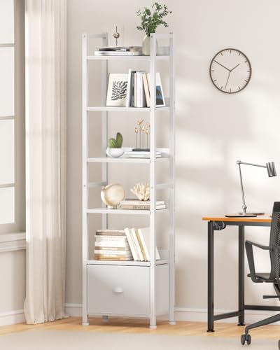 Image of Furologee 6 Tier Bookshelf, Tall Shelf with Drawer, Wood and Metal Bookshelves Storage Organizer, Modern Display Shelving Unit for Bedroom, Living Room, Home Office, White