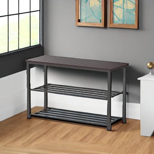 Image of Simple Houseware Wooden Top Shoe Rack Bench for Entryway, Dark Brown | 29 inchW 2-Tier Shoe Storage Organizer, Holds Up to 250 Lb, for Entryway, Bedroom, and Living Room