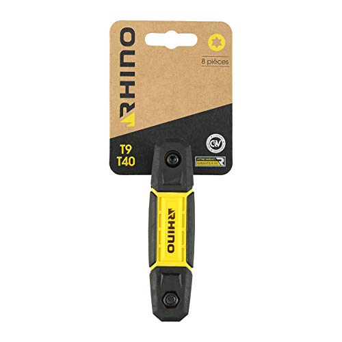 RHINO - Lot de 8 clés mâle étoile, jeu de 8 clés torx sur monture sans blocage - Diamètre T9 à T40 - Fabriqué en Acier (Chrome Vanadium) - Haute qualité - Garantie à vie