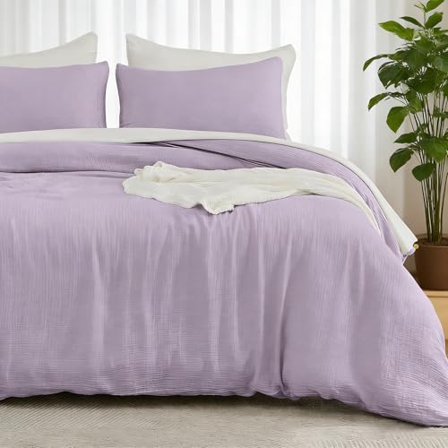 Image of EMME Muslin Cotton Duvet Cover Set Lavender Twin Size Linen Like Soft Breathable Lightweight Summer Comforter Cover Set with Zipper Closure (Lavender, Twin, 68 inchx90 inch)
