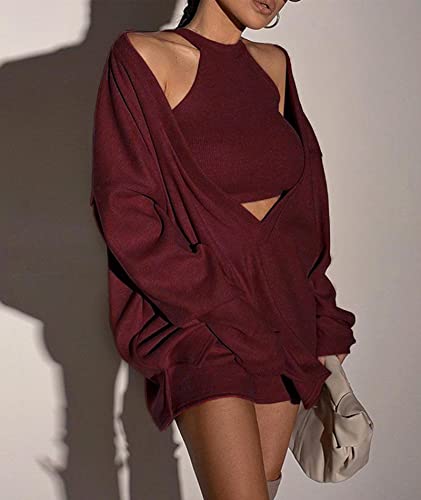 Image of ECDAHICC Women's Two Piece Outfits Knitted Halter Neck Crop Tank Tops and Oversized Off Shoulder Deep V Neck Pullover Sweater
