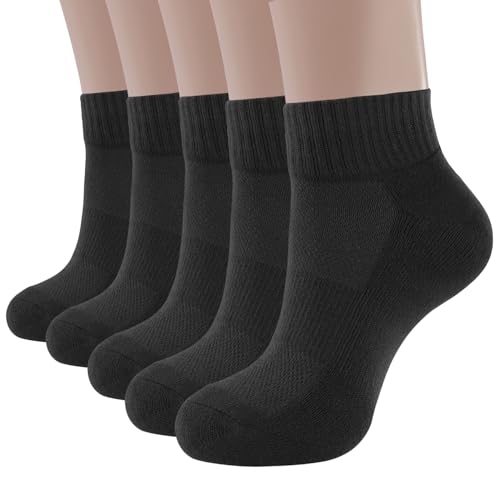 BUDERMMY Lot de 5 paires de chaussettes de sport rembourrées anti-ampoules pour homme en coton respirant Coupe basse athlétique, Noir , 18-20