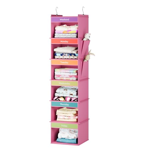 YOUDENOVA 6-Shelf Weekly Hanging Closet Organizer, Weekly Clothes Organizers for Kids with 2 Side Pockets, Pink