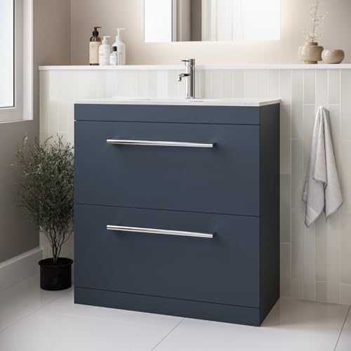 Ashford 800mm Blue Freestanding Vanity Unit with Basin and Brass Handle