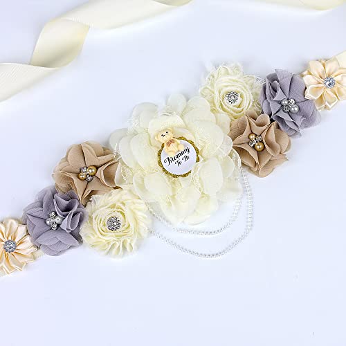 Ivory Handmade Maternity Flower Sash Belt with Badge Set Pregnant Women Waisband Belt Mom to Be Sash Photography3