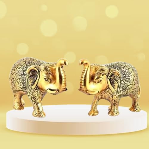 Image of Kalakriti Metal Elephant Statue Small Size Gold Polish 2 pcs Set Enhance Your Home | Car | Office | Table | Article | Animal Decorative Showpiece Figurines for Best Gifting (15X9X4 CM), Golden