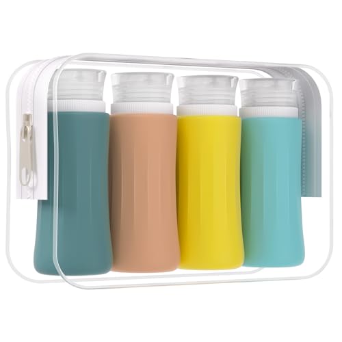 Image of DEPOZA 4 Pack Travel Size Toiletries Containers Sets - TSA Approved Leak Proof Silicone Travel Bottles with Label - BPA Free for Shampoo, Conditioner, Lotion, Soap Travel Essential Accessories