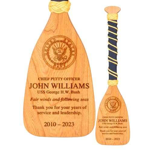 Image of Personalized US Navy Paddle – 24" Solid Cherry Wood Military Award with 550 Paracord Handle | Engraved Gift for Navy Personnel, Retirement, or Farewell